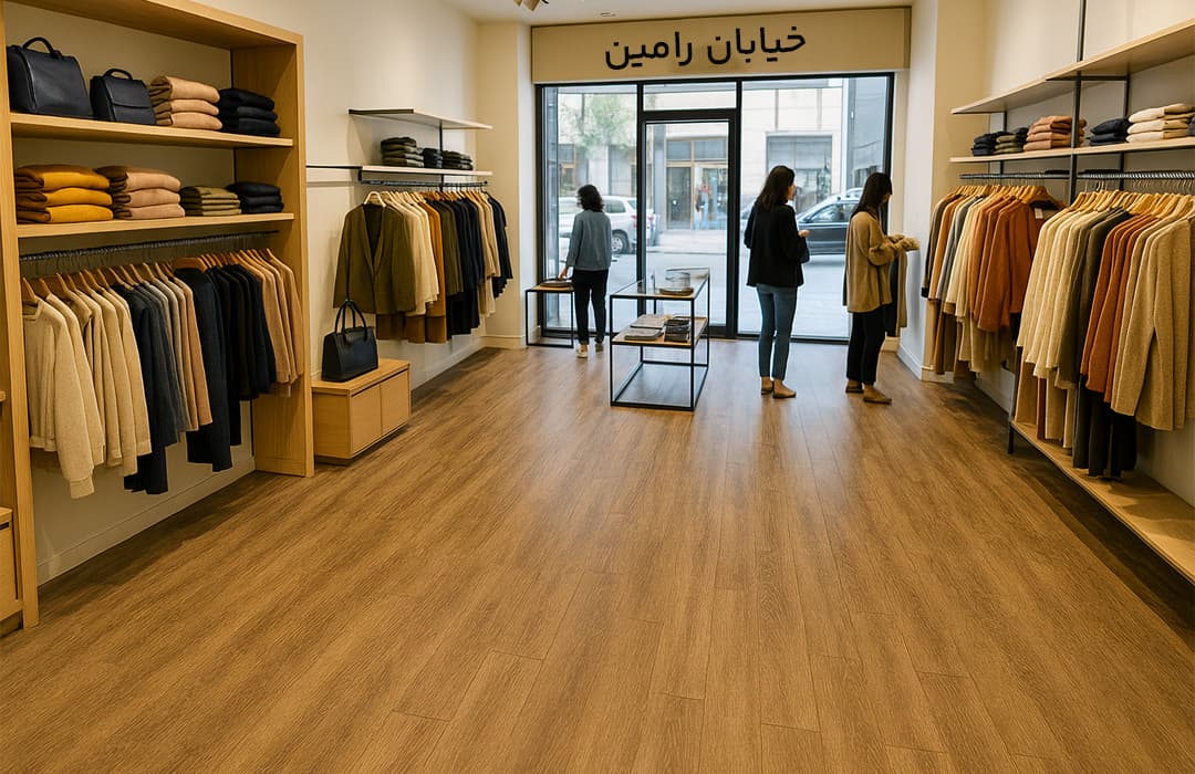 نمای داخلی فروشگاه در خیابان رامین با کفپوش پیویسی نصبشده، نور طبیعی و مشتریان در حال بررسی محصولات