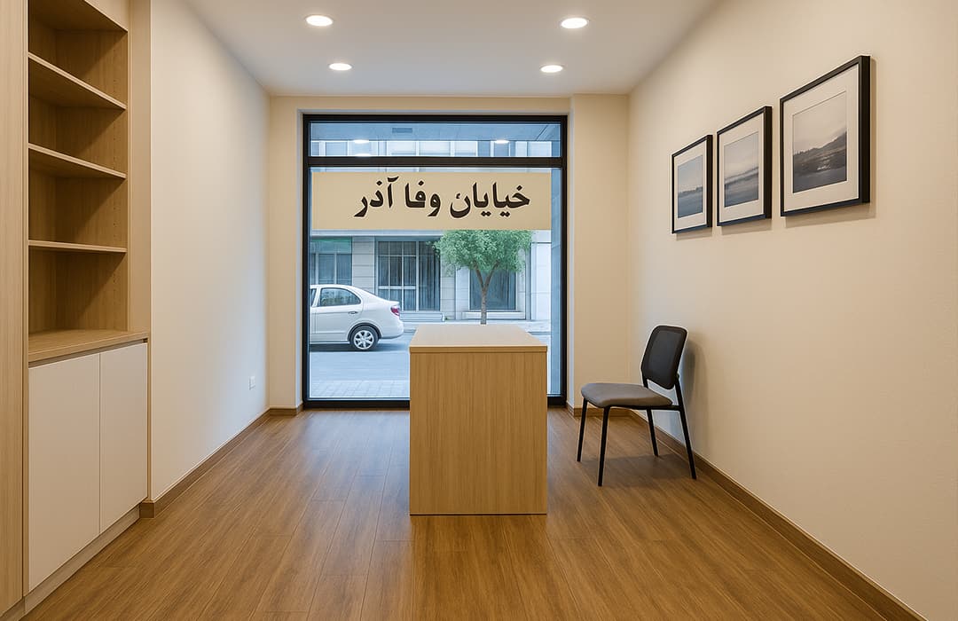 نمای داخلی دفتر در خیابان وفا آذر با کفپوش پیویسی جدید و کف چوبی، نور طبیعی و دکور مینیمال